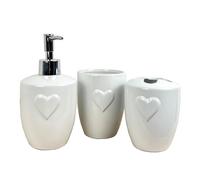 3 Piece White Ceramic Heart Bathroom Sink Accessories Set Liquid Soap Lotion Dispenser Tumbler Cup Toothbrush Holder
