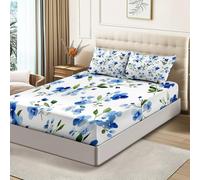 3 Piece White Printed Bedding Set for Double Bed,Double 30cm Extra Deep Fitted Sheet and Matching Pillowcase Pair - Soft Microfiber Watercolor Flowers Leaves Print Guest Room & Master Bedroom