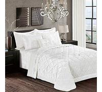 3-Piece White Quilted Crushed Velvet Bedspread Double 250 x 250 cm - Hotel Quality Soft Plush Bed Throw for Bedroom - Santiago Embossed Diamond Bedding with 2 Pillow Shams