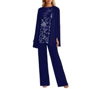 3-Piece Women's Mom of The Bride Pant Suits Lace Chiffon Formal Pantsuits with Jackets for Ladies Wedding Party Long Sleeve Wedding Guest Dress Elegant Three Piece Evening Suit Set (Dark Blue, L)