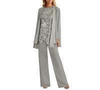 3-Piece Women's Mom of The Bride Pant Suits Lace Chiffon Formal Pantsuits with Jackets for Ladies Wedding Party Long Sleeve Wedding Guest Dress Elegant Three Piece Evening Suit Set (Light Gray, XXL)