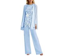 3-Piece Women's Mom of The Bride Pant Suits Lace Chiffon Formal Pantsuits with Jackets for Ladies Wedding Party Long Sleeve Wedding Guest Dress Elegant Three Piece Evening Suit Set (Sky Blue, XXL)
