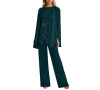 3-Piece Women's Mom of The Bride Pant Suits Lace Chiffon Formal Pantsuits with Jackets for Ladies Wedding Party Long Sleeve Wedding Guest Dress Elegant Three Piece Evening Suit Set (Mint Green, XXXL)