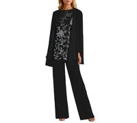 3-Piece Women's Mom of The Bride Pant Suits Lace Chiffon Formal Pantsuits with Jackets for Ladies Wedding Party Long Sleeve Wedding Guest Dress Elegant Three Piece Evening Suit Set Cocktail (Black, M)