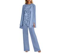 3-Piece Women's Mom of The Bride Pant Suits Lace Chiffon Formal Pantsuits with Jackets for Ladies Wedding Party Long Sleeve Wedding Guest Dress Elegant Three Piece Evening Suit Set (Light Blue, XL)