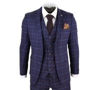 3 Piece Wool Check Retro Suit Infinity Leather Navy 40R