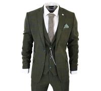 (42) Mens 3 Piece Wool Suit Olive Green Tweed Check Peaky Blinders 1920 Gatsby Formal