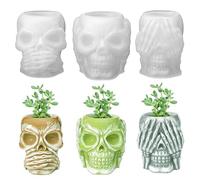 3 Pieces 3D Halloween Skull Hear No, See No, Speak No Candle Holder Candlestick Mold, Makeup Brush Pen Storage Trinket Box Wax Resin Epoxy Mould Casting Craft Succulent Pot Molds DIY Decor