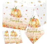 3 Pieces A Little Pumpkin Is On the Way Tablecloth Fall Baby Shower Party Decorations Disposable Little Pumpkin Table Cover for Autumn Baby Shower Gender Reveal Thanksgiving Party Supplies (Gold)