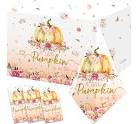 3 Pieces A Little Pumpkin Is On the Way Tablecloth Fall Baby Shower Party Decorations Disposable Little Pumpkin Table Cover for Autumn Baby Shower Gender Reveal Thanksgiving Party Supplies (Pink)