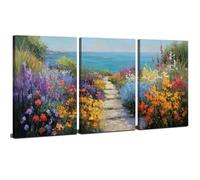 3 Pieces Abstract Ocean Seaside Canvas Wall Art Colorful Wildflower Pictures Beach Bathroom Accessories, Coastal Room Decor Watercolor Sea Landscape Paintings Posters Modern Artwork Decoration 12x16”
