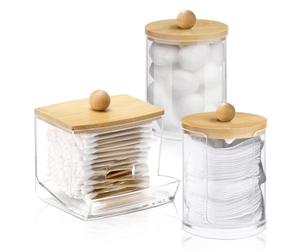 3 Pieces Acrylic Cotton Pad Holder, Cotton Swabs Storage with Bamboo Lids, Dispenser for Cotton Balls for Living Room, Bedroom, Study Room, Bathroom