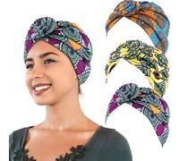 3 Pieces African Turban Head Wrap Scarf Boho Turban Elastic Knotted Beanie Cap (yellow, orange and green)