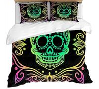 3 Pieces Baby Bedding Sets Single Duvet Cover Set 3D Black Background Fluorescent Sugar Skull Pattern 135X200Cm Soft Fluffy Microfiber Winter Quilt Covers With 2 Pillowcases 50X75Cm, With Zipper Cl