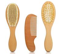 3 Pieces Baby Hair Brush & Comb Set, Infants and Toddlers Natural Wooden Hairbrush with Soft Goat Bristles for Cradle Cap and Massage, Baby Shower and Scalp Grooming