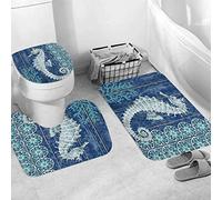 3 Pieces Bath Mat Set, Soft Superfine fiber Bathroom Rugs Mat,Seahorse Watercolor Teal Sea Horse Ocean Animal Rustic Wooden Board,Machine Washable & Non Slip Bath Mats for Bathroom, Tub, Shower