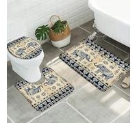 3 Pieces Bath Mats Boho Elephant Indigo Blue Elephant Ethnic Rtro Mandala Flower Pai-Sley Sacred Animal Pattern Bath Floor Rug Washable Bathroom Rugs Mat Absorbent Toilet Rugs Set