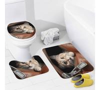 3 Pieces Bath Mats,Cat Peeks Out of Zippered Leather Pocket Quick-Dry Pedestal Mat Shaggy Toliet Rugs for Shower Bathroom Bedroom