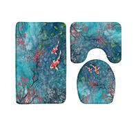 3 Pieces Bath Mats Cherry Japanese Asian Chinese Red Flower Green Leaves Fish In Water Spring Teal Blue Bath Floor Rug Washable Toilet Rugs Set Absorbent Sets Bath Rugs For Bathroom Kitchen
