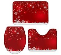 3 Pieces Bath Rug Set Toilet Seat Cover Winter Snowflake Red Christmas Holiday Decor Print Contour Rug, Pedestal Mat and Toilet Lid Cover,Non-slip Bathroom Floor Mat 18''x30''+14''x18''+15''x18''
