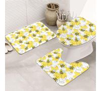 3 Pieces Bath Rug Sets Cheerful Bumble Bees Contour Mat Toilet Seat Cover Quick-Dry, Microfiber for Bedroom Toilet Floor