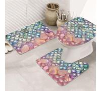 3 Pieces Bathroom Rug Set U-Shaped Toilet Floor Mat Toilet Lid Cover Mat | Pearl Fantasy Mermaid Scales Bath Mats For Floors,Ultra Soft Absorbent U-Shaped Contour Rug Non-Slip Shower Rug