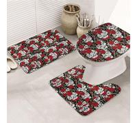 3 Pieces Bathroom Rug Set, Ultra Soft Non Slip Bath Rug and Absorbent Bath Mat, Cool Skull Head and Roses Bathroom Rugs,Tub, Shower