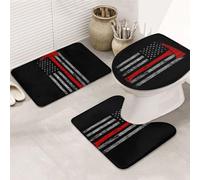 3 Pieces Bathroom Rug Set, Ultra Soft Non Slip Bath Rug and Absorbent Bath Mat, Firefighter Axe Red Line Flag Bathroom Rugs,Tub, Shower