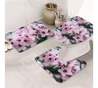 3 Pieces Bathroom Rug Set, Ultra Soft Non Slip Bath Rug and Absorbent Bath Mat, Pink Cherry Blossoms Bathroom Rugs,Tub, Shower