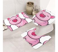 3 Pieces Bathroom Rug Set, Ultra Soft Non Slip Bath Rug and Absorbent Bath Mat, Smile Pink Pig Bathroom Rugs,Tub, Shower