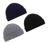 3 Pieces Beanie Hat Men Fisherman Beanie, Roll up Edge Skullcap Fisherman Beanie Unisex, Soft & Stretchable Cuffed Plain Knit Hipster Docker Winter Hat Black