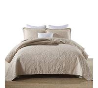 3-Pieces Bedding Bedspread/Throw 100% Cotton Quilted Coverlet Beige Embroidered Air Conditioning Quilt Double King Size Bed Cover/Sheets (230x250cm) + 2 Pillowcases (50x70cm)