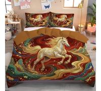 3 Pieces Bedding Double Size Duvet Cover - Gold Pink Animal Illustrations Bedding Set with Pillowcases-Ultra Soft Comfortable White Horse Fluid Texture Duvet Cover Set for All Seasons,200x200cm