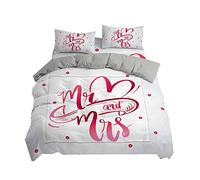 3 Pieces Bedding Set Mr. & Mrs. White Black Gold Leaf Brown Pink Romantic Couples Marriage Love Printing Comfortable Double Bedding Microfiber Duvet Cover and Pillowcase (Pink, 200x200 cm)