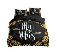 3 Pieces Bedding Set Mr. & Mrs. White Black Gold Leaf Brown Pink Romantic Couples Marriage Love Printing Comfortable Double Bedding Microfiber Duvet Cover and Pillowcase (Brown, 230x260 cm)