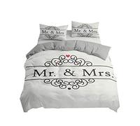 3 Pieces Bedding Set Mr. & Mrs. White Black Gold Leaf Brown Pink Romantic Couples Marriage Love Printing Comfortable Double Bedding Microfiber Duvet Cover and Pillowcase (White, 220x240 cm)