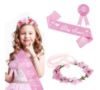 3 Pieces Big Sister Accessory Set, Include Big Sister Satin Sash, Badge Pin and Flower Crown for Baby Shower Party (Pink)