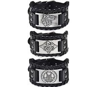 3 Pieces Black Viking Bracelets, Wolf Head Faux Leather Bracelets, Medieval Dragon Leather Bracelets, Celtic Knot Thor's Hammer Bracelets for Men Women