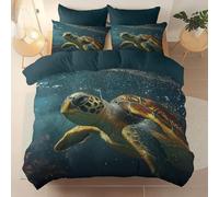 3 Pieces Brushed Microfiber 135 X 200 cm Duvet Cover Set, Super Soft Blue Reversible Design Zippered Comforter Cover, For The Adults Animal Turtle Swimming Theme Bedding, With 4 Corner Straps
