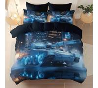 3 Pieces Brushed Microfiber 135 X 200 cm Duvet Cover Set, Super Soft Blue Reversible Design Zippered Comforter Cover, For The Adults 3D Army Tank Game Future Theme Bedding, With 4 Corner Straps