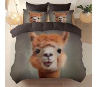 3 Pieces Brushed Microfiber 135 X 200 cm Duvet Cover Set, Super Soft Brown Reversible Design Zippered Comforter Cover, For The Adults Animal Alpaca Painting Smile Theme Bedding, With 4 Corner Straps