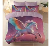 3 Pieces Brushed Microfiber 135 X 200 cm Duvet Cover Set, Super Soft Pink Reversible Design Zippered Comforter Cover, For The Adults Fantasy Cartoon Pegasus Stars Theme Bedding, With 4 Corner Straps