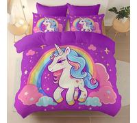 3 Pieces Brushed Microfiber 200 x 200 cm Duvet Cover Set, Super Soft Reversible Design Zippered Comforter Cover Purple Suitable for adults and children Cartoon Animals Stars Unicorns theme Bedding