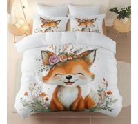 3 Pieces Brushed Microfiber 200 x 200 cm Duvet Cover Set, Super Soft Reversible Design Zippered Comforter Cover Cream Suitable for adults and children Flowers Cute Animals Foxes theme Bedding