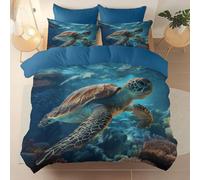 3 Pieces Brushed Microfiber 230 X 220 cm Duvet Cover Set, Super Soft Blue Reversible Design Zippered Comforter Cover, For The Adults 3D Animal Turtle Coral Theme Bedding, With 4 Corner Straps