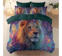 3 Pieces Brushed Microfiber 230 X 220 cm Duvet Cover Set, Super Soft Green Reversible Design Zippered Comforter Cover, For The Adults Fantasy Animal Lion Crystal Theme Bedding, With 4 Corner Straps