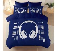 3 Pieces Brushed Microfiber Double Duvet Cover Set, Super Soft Navy Reversible Design Zippered Comforter Cover, For the Adults Geometric Games Headphones Pixels theme Bedding, With 4 corner straps