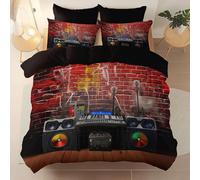 3 Pieces Brushed Microfiber Queen Duvet Cover Set, Super Soft Black Reversible Design Zippered Comforter Cover, For the Adults 3D Wall Tiles Graffiti Music theme Bedding, With 4 corner straps