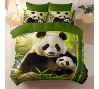 3 Pieces Brushed Microfiber Queen Duvet Cover Set, Super Soft Green Reversible Design Zippered Comforter Cover, For the Adults Oriental Animal Panda Plant theme Bedding, With 4 corner straps