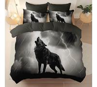 3 Pieces Brushed Microfiber Queen Duvet Cover Set, Super Soft Grey Reversible Design Zippered Comforter Cover, For the Adults Animal Lightning Wolf Power theme Bedding, With 4 corner straps